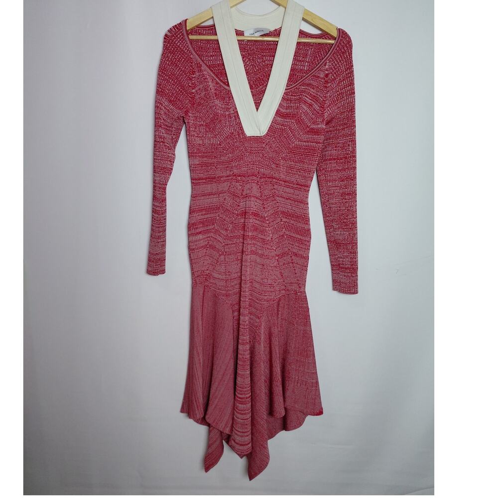 YIGAL AZROUËL Red Knit Dress Long Sleeve Solid V-Neck Midi Women Size L
